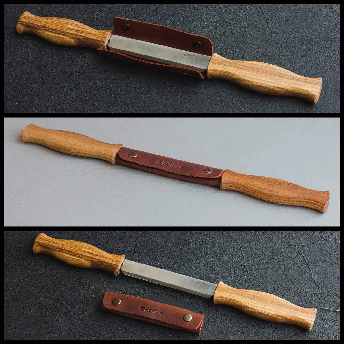 Drawknife with Oak Handle and Leather Sheath